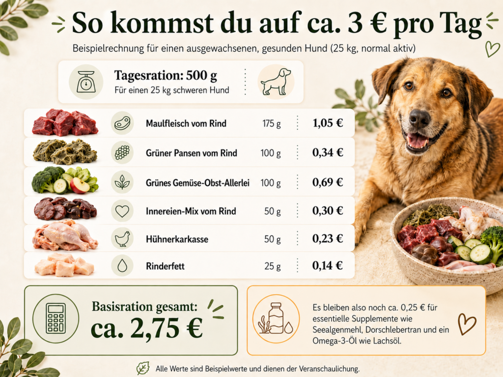 Beispielrechnung BARF-Ration für 3 € am Tag